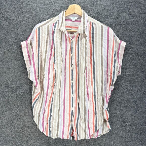 Time And Tru Shirt Women S Small White Striped Button Up Collared Short Sleeve - Picture 1 of 7